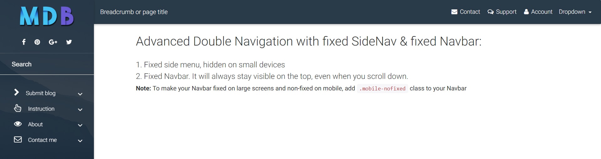  Display of double navigation with fixed SideNav & fixed Navbar