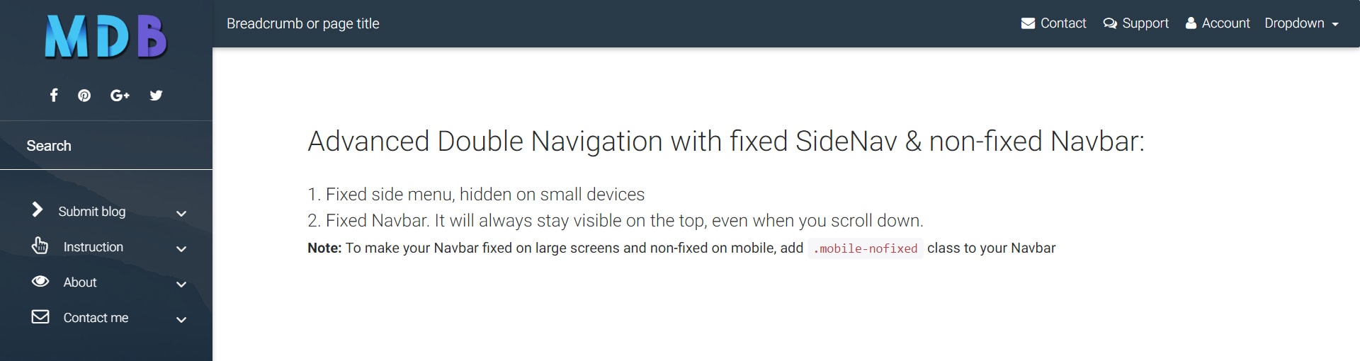 Display of double navigation with fixed SideNav & non-fixed Navbar