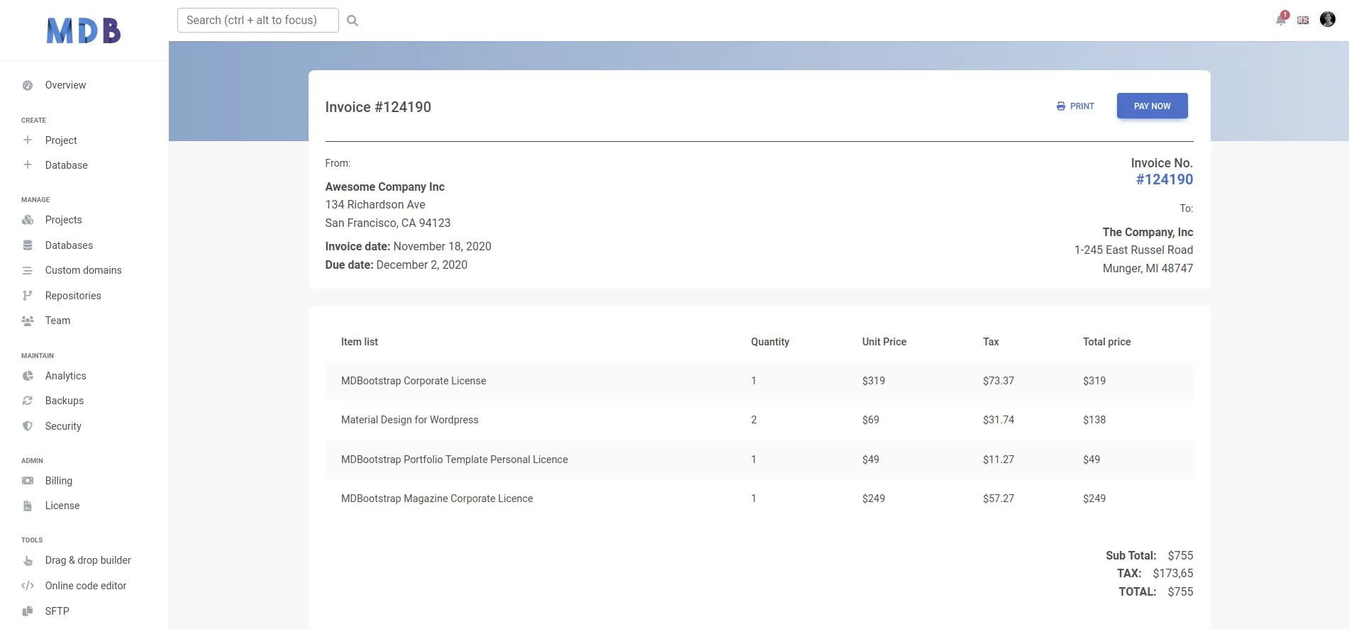 Bootstrap 5 Invoice page