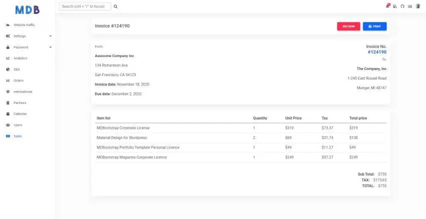 Bootstrap 5 & React Invoice page